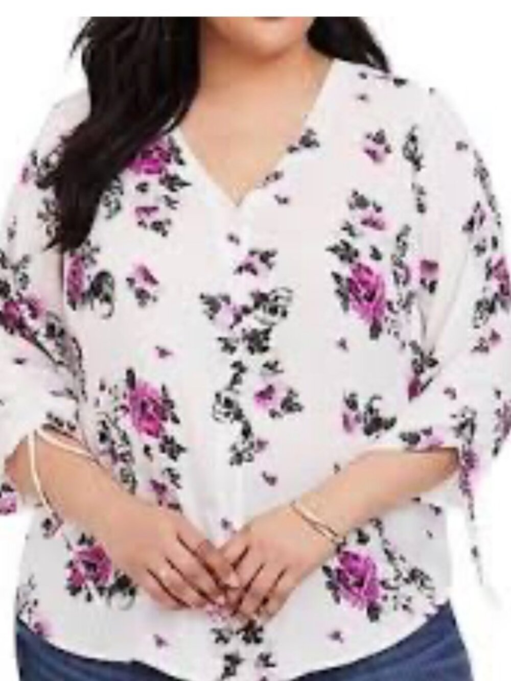 Torrid Size 4 Blouse Top Button Front Floral Skull Print White 3/4 Sleeve 4x